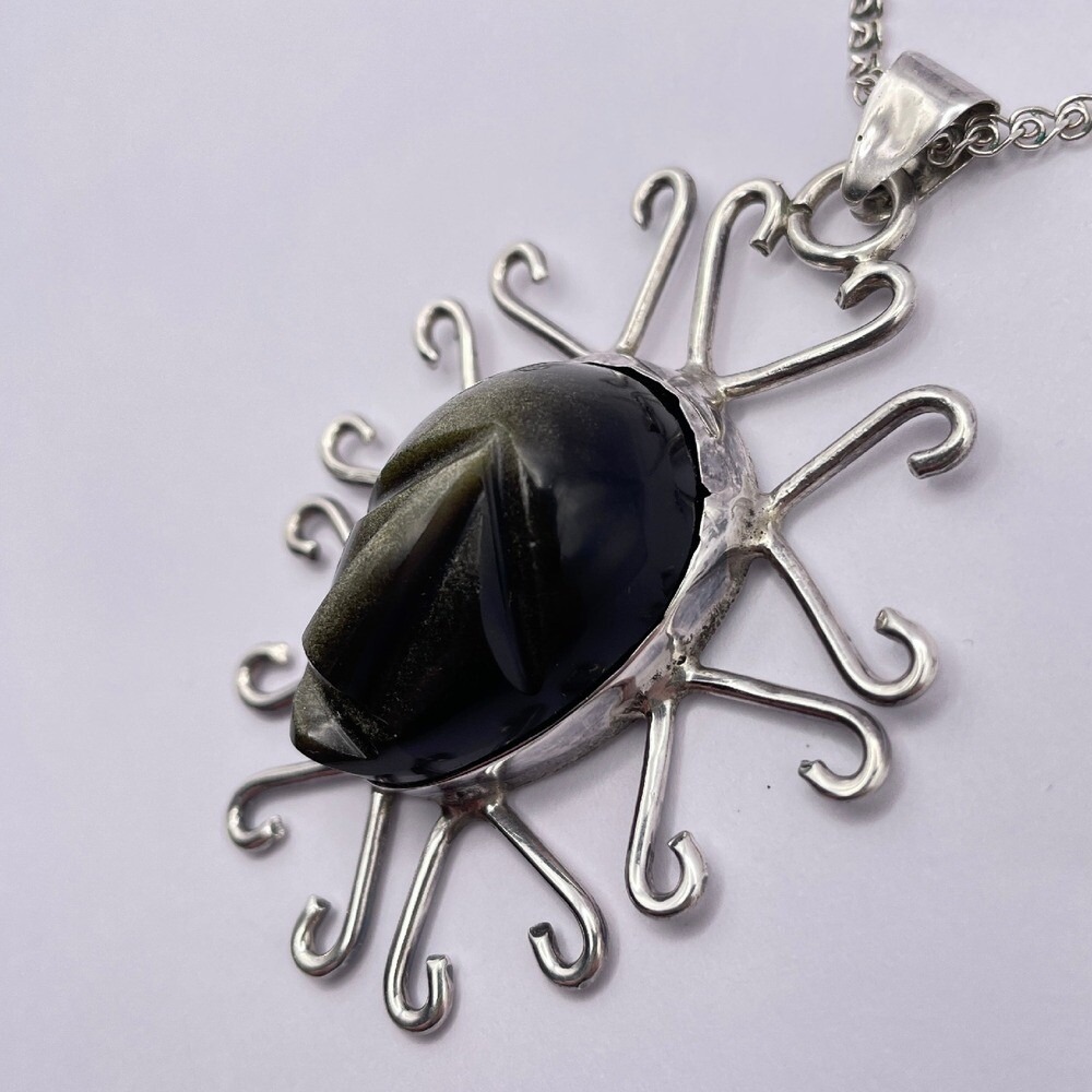 Vintage Taxco Miguel Garcia Warrior Face Pendant Necklace Golden Sheen Obsidian - Picture 6 of 10